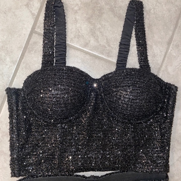 MAJE Black Glittery Cycling Shorts 38/6  Sparkly Bustier Size 2/Medium - Picture 3 of 14